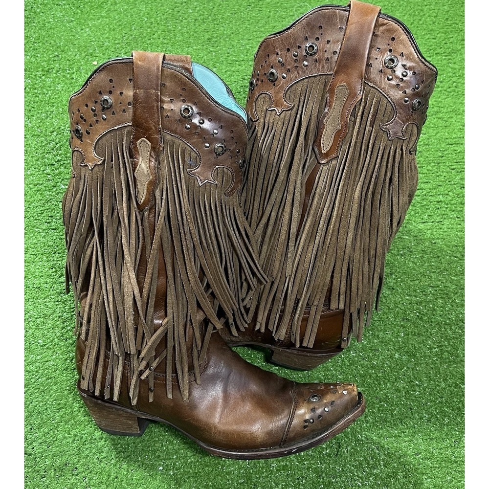 Corral Fringe Boots Size 10 Brown Leather Studded Snip Toe Boho Western Cowboy